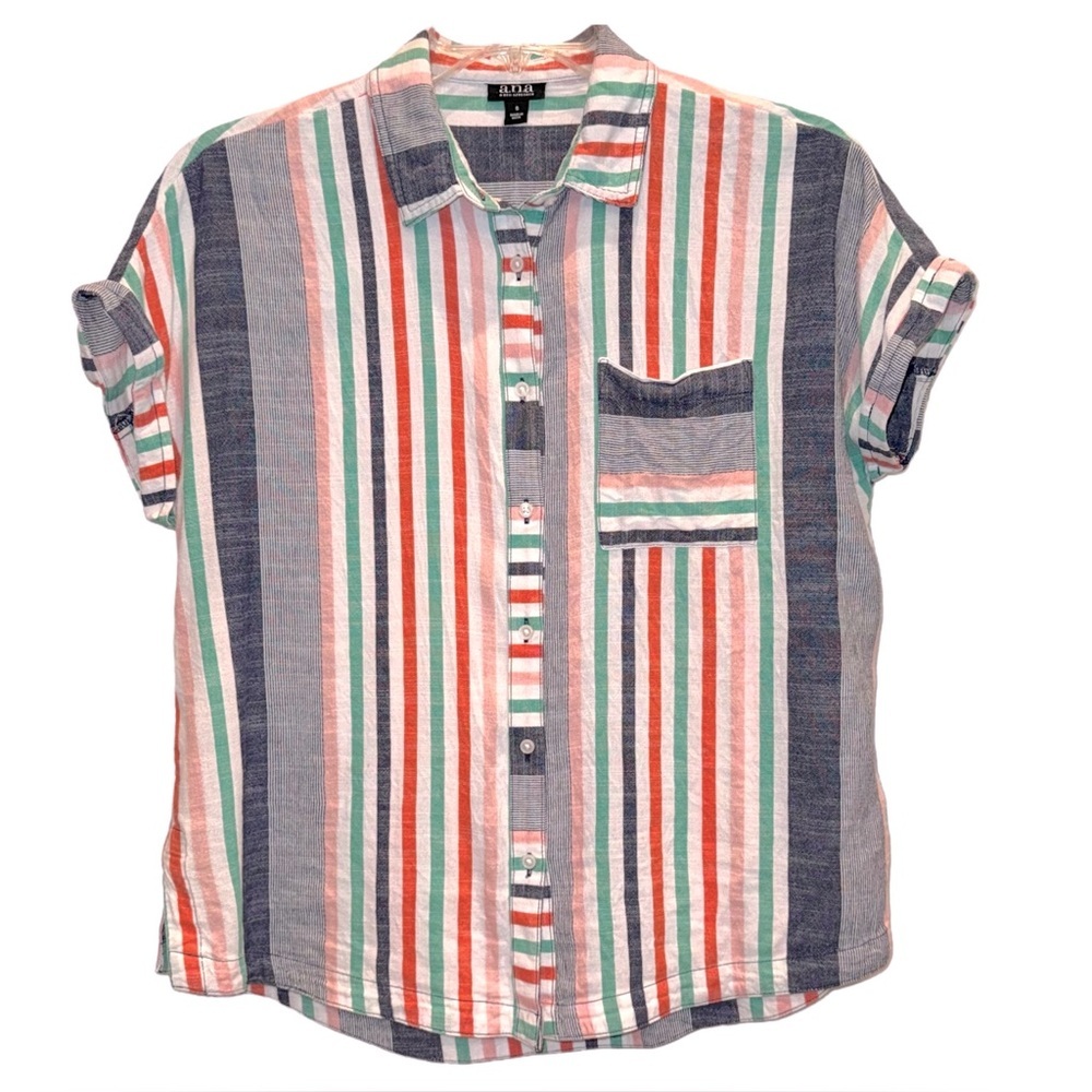 a.n.a A NEW APPROACH Sz S Striped Button Front Short Sleeve Cotton/Rayon Shirt - Picture 2 of 10
